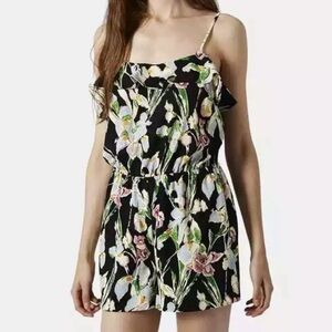 TopShop Iris Print Floral Short Romper Ruffle Sleeveless Black 6